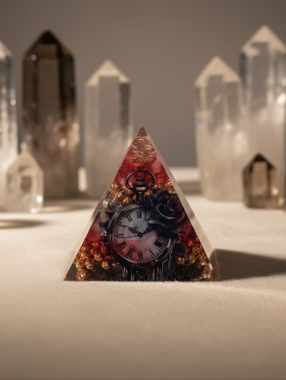 Dark Feminine Rose Quartz Orgonite Pyramid - 2.25" Steampunk Gothic Decor